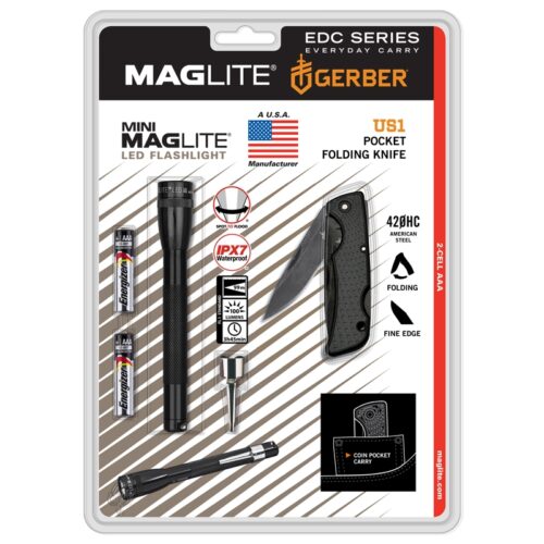 MINI MAGLITE 2x AAA LED Flashlight black & Gerber knife KIT